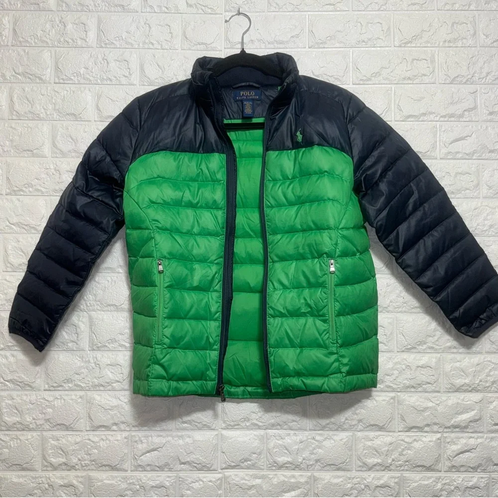Polo Ralph Lauren Boys Puffer Jacket Green Black Zip Up Size M (10-12) Warm Coat